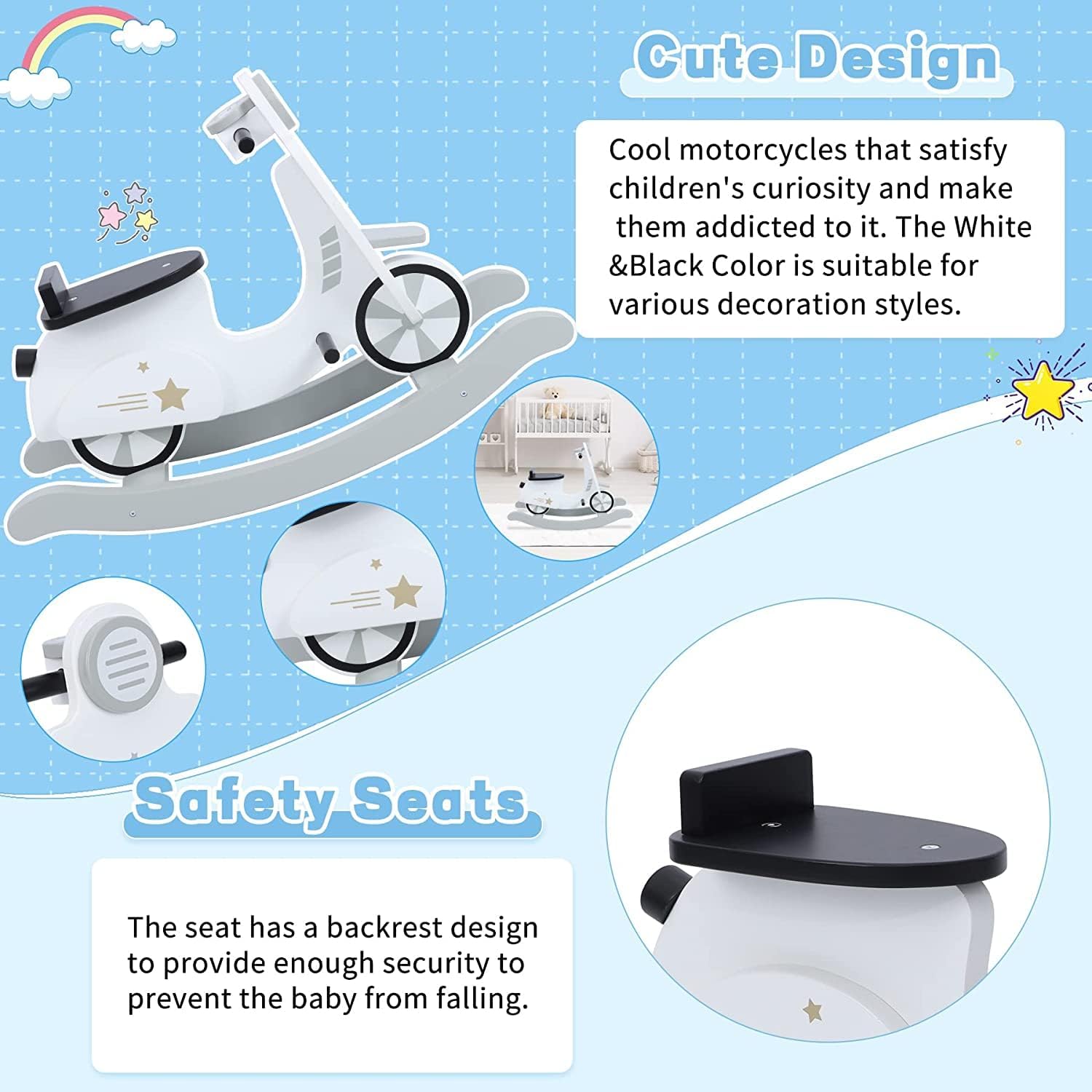 Labebe - Baby  Wooden Ride White Motorcycle Rocking Horse