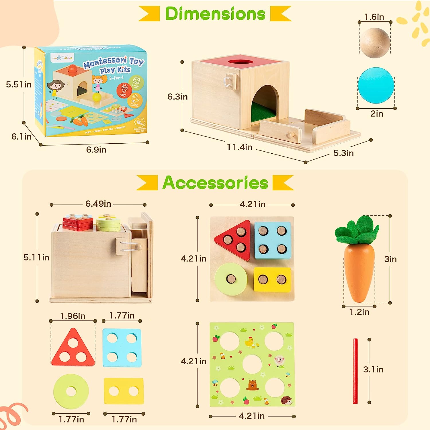 Labebe - 5-in-1 Wooden Play Kit Montessori Toy for 1 2 3 Year Old