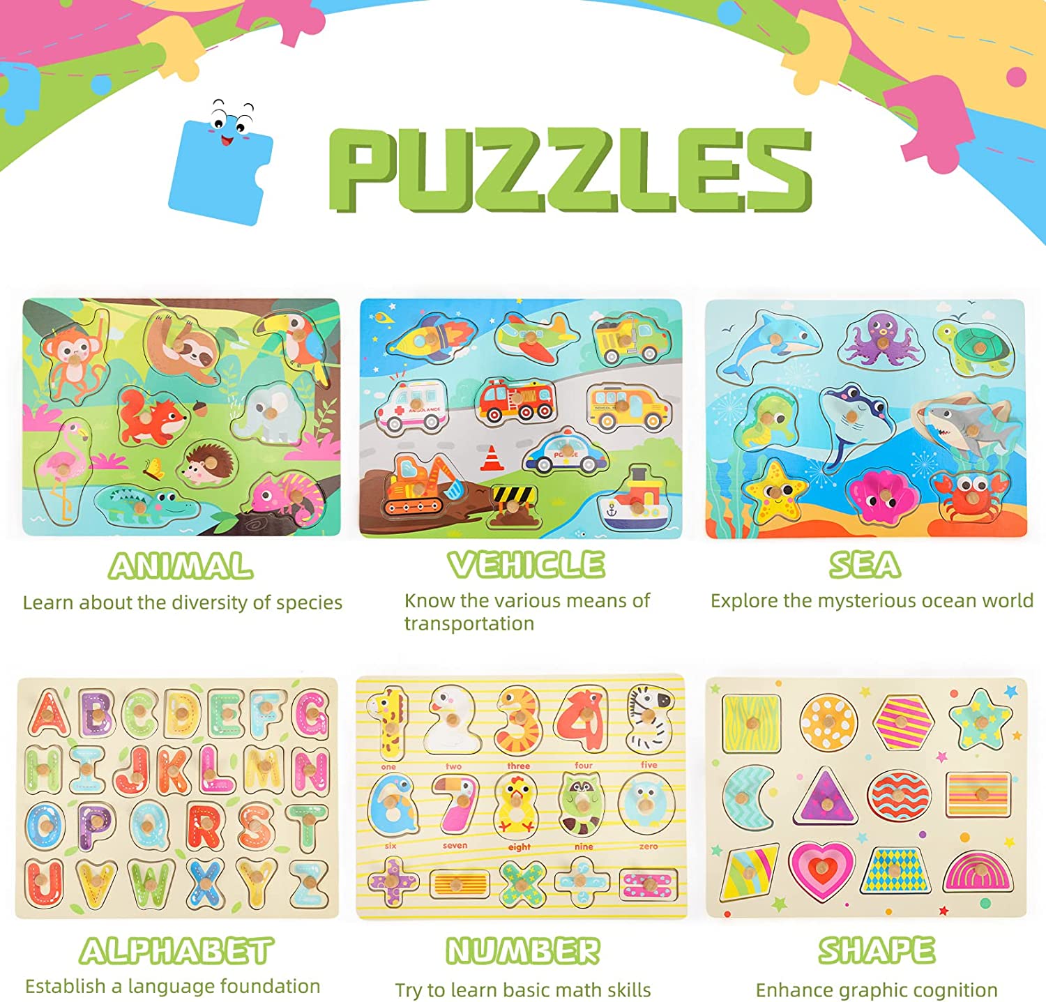 Labebe - Wooden Toddler Puzzles and Rack Set