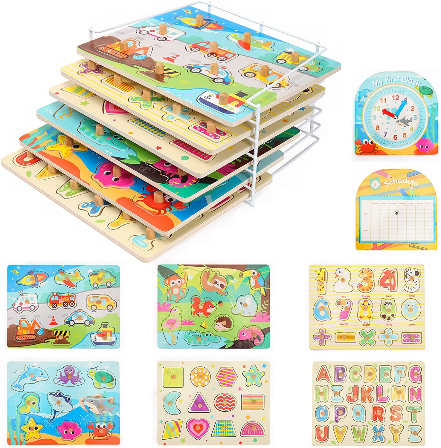Labebe - Wooden Toddler Puzzles and Rack Set