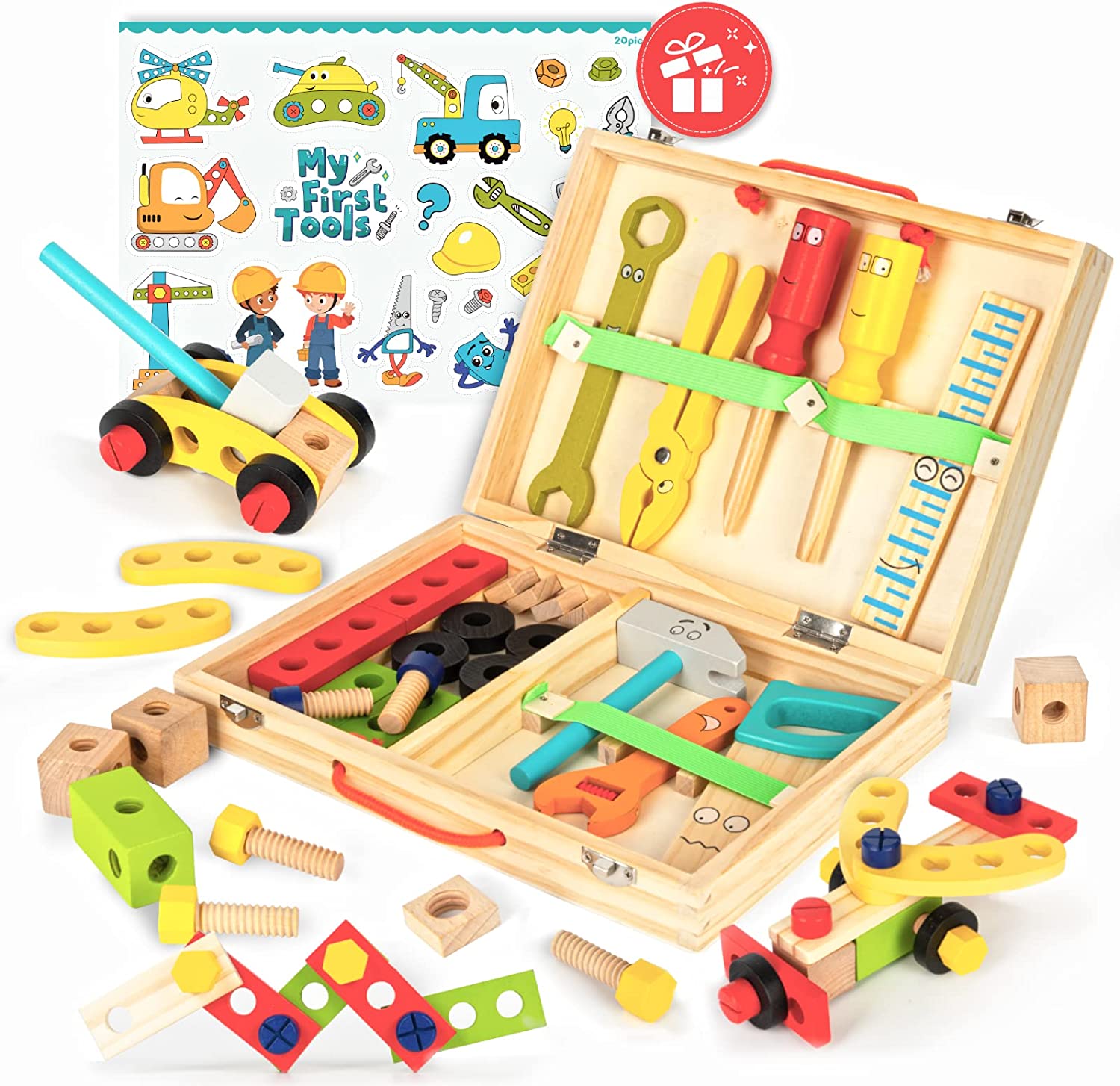 Labebe - Wooden Kids Tool Set – 36 PCS Tool Kit Box with Stickers