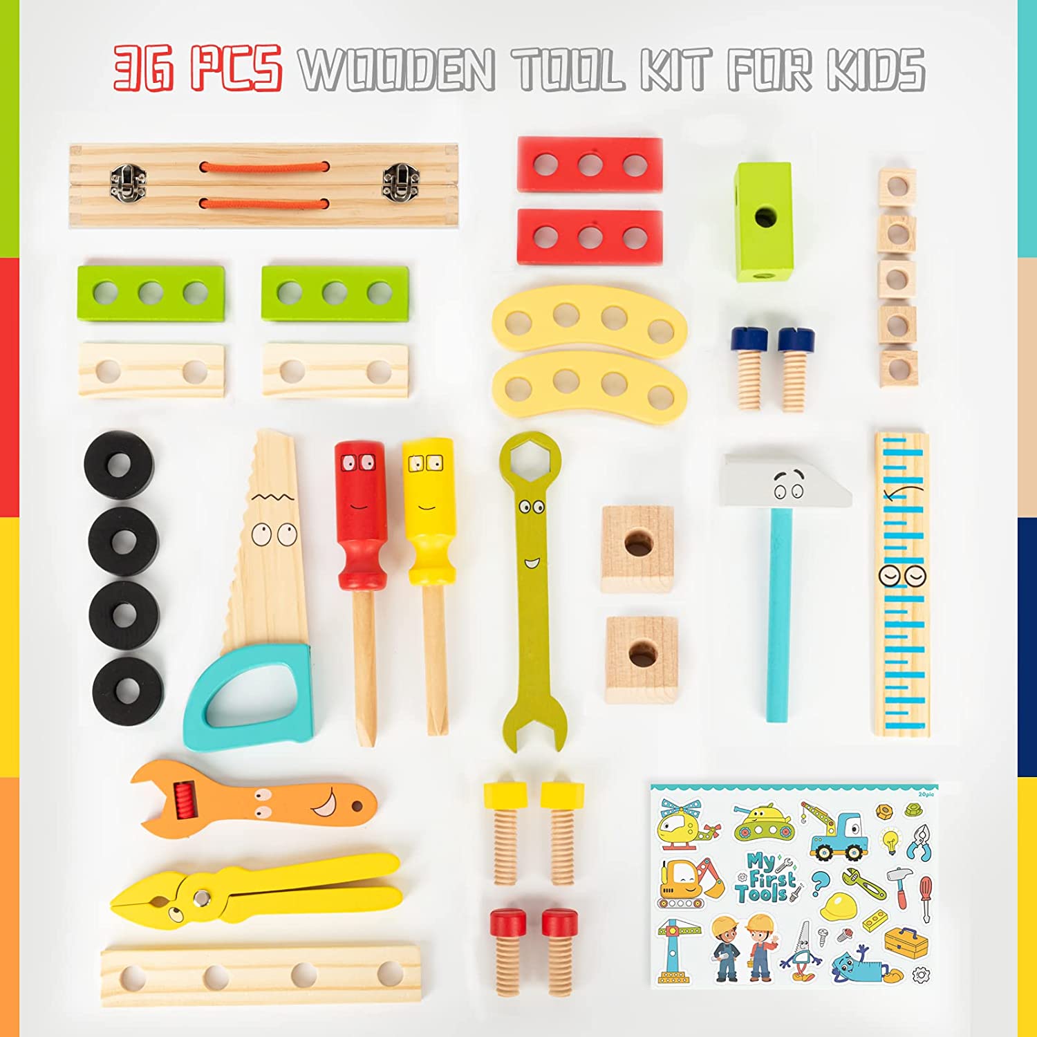 Labebe - Wooden Kids Tool Set – 36 PCS Tool Kit Box with Stickers